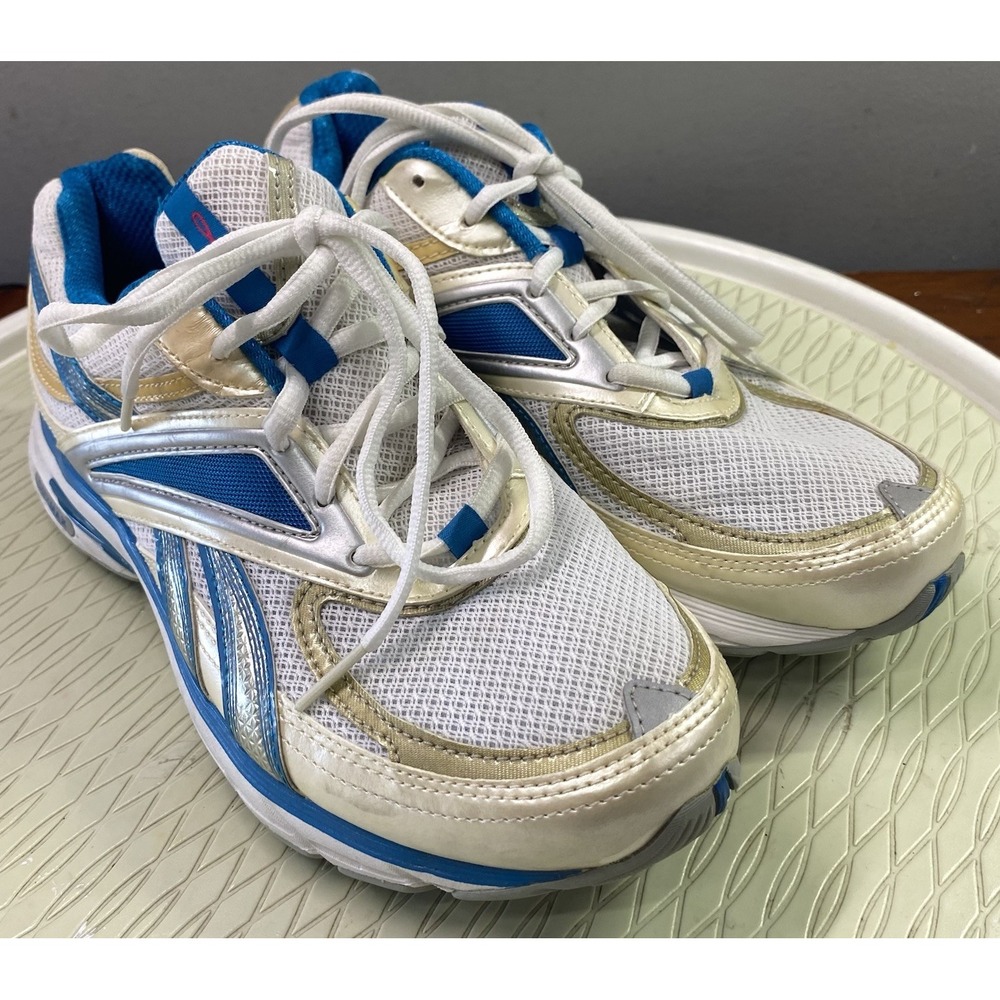 Reebok Women DMX Max Pink Ribbon Breast Cancer Walking Sneaker White/Blue/Gold 8